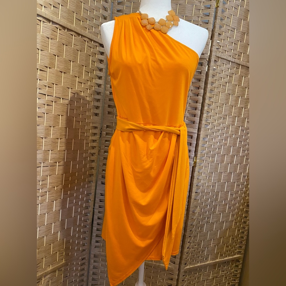 Pretty Garden One shoulder, wrap, front ruched mini w/matching necklace Sz L NWT